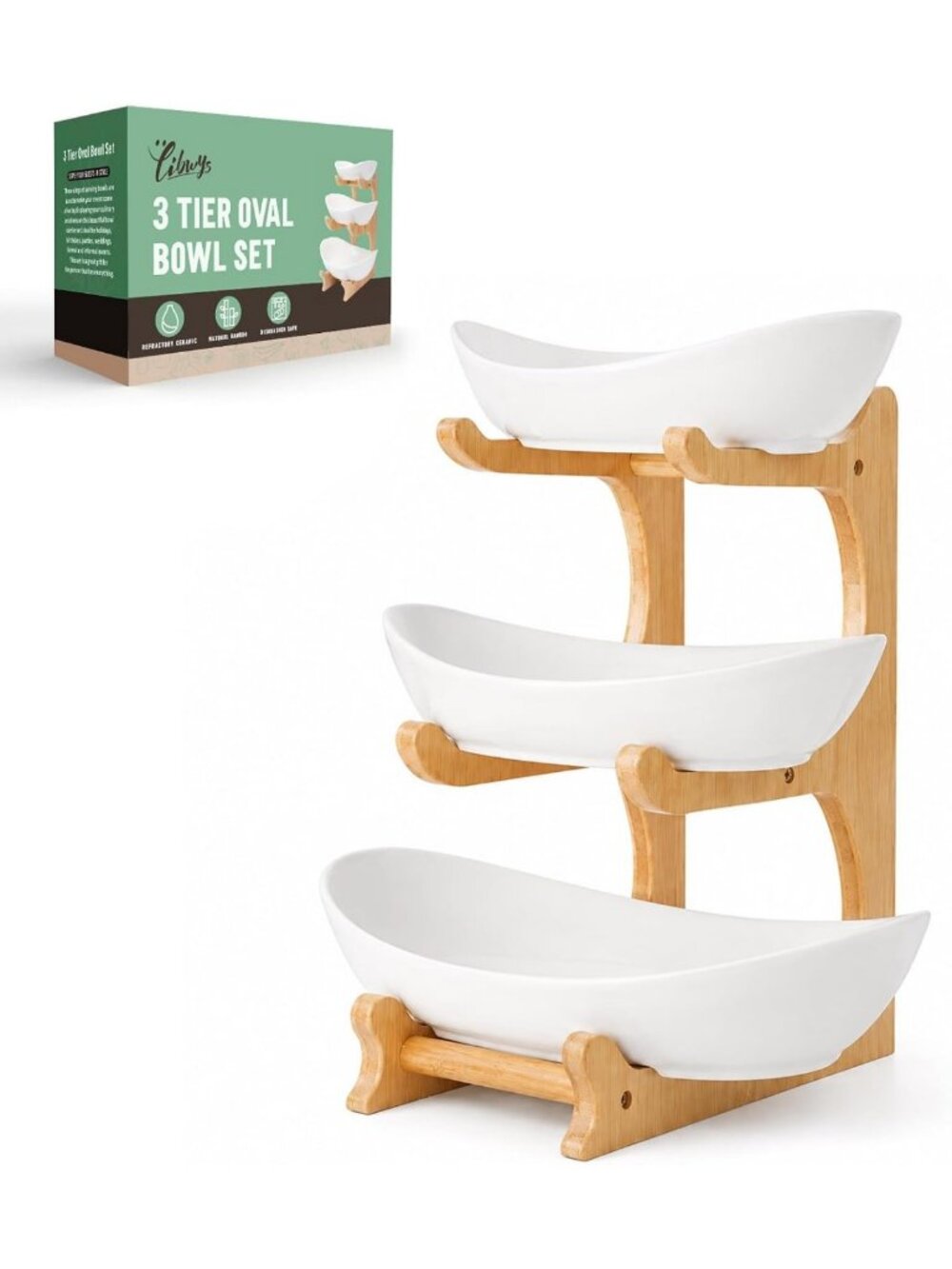 3-Tier Ceramic Fruit Bowl with Bamboo Stand - Kitchen Counter Storage for